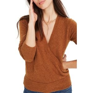 Madewell Faux Wrap Sweater Coziest Yarn Knit Heather Harvest Orange Brown L